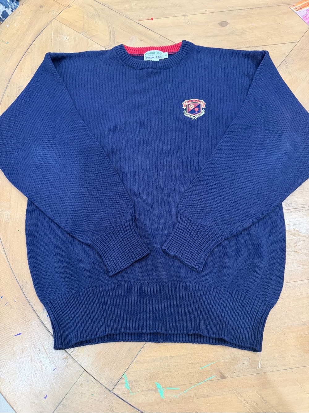 Vintage Wimbledon Racquet Club Men's Navy Crewneck Sweater with Crest
